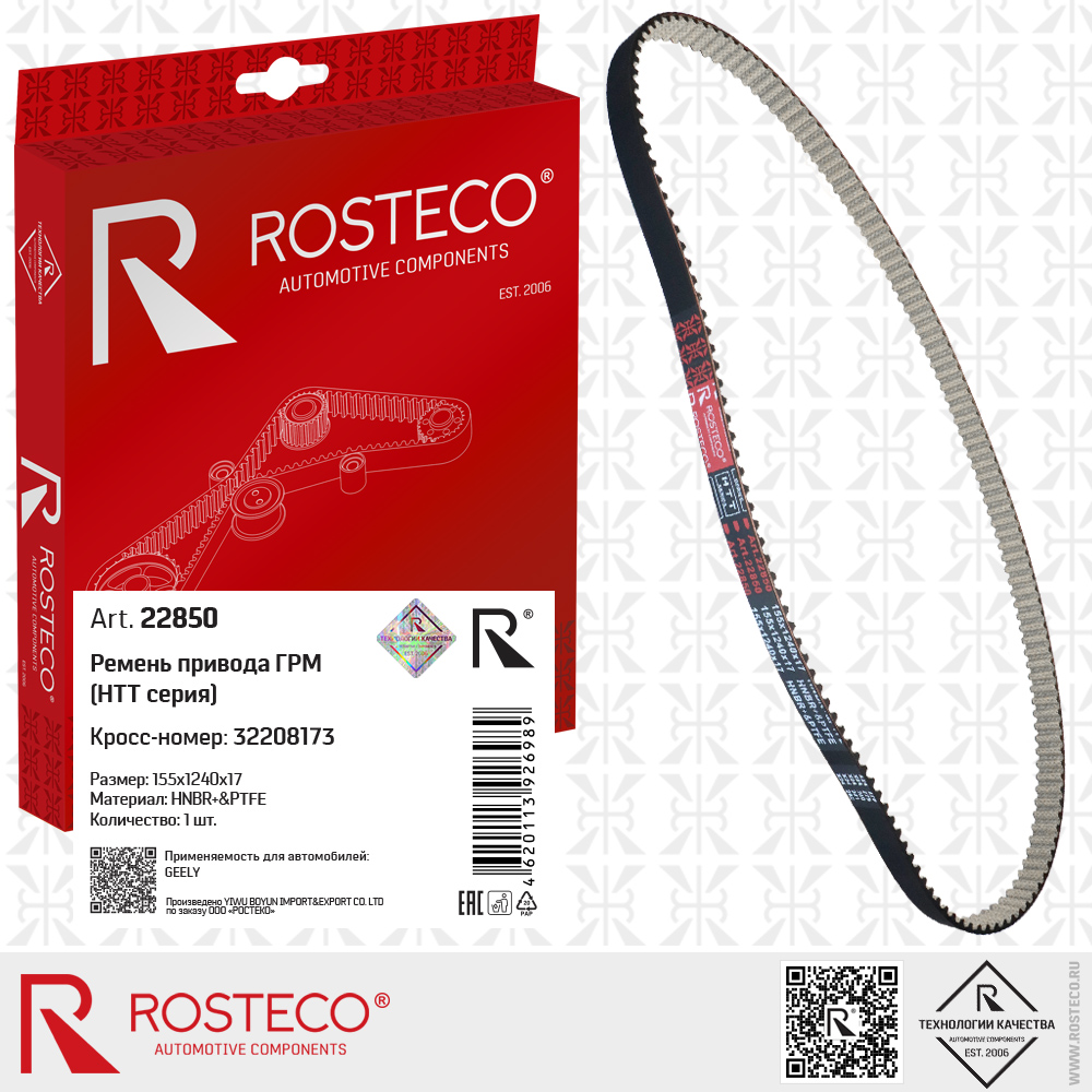 Ремень привода ГРМ 32208173 для а/м GEELY (HNBR+PTFE, 155x1240x17) HTT серия, ROSTECO