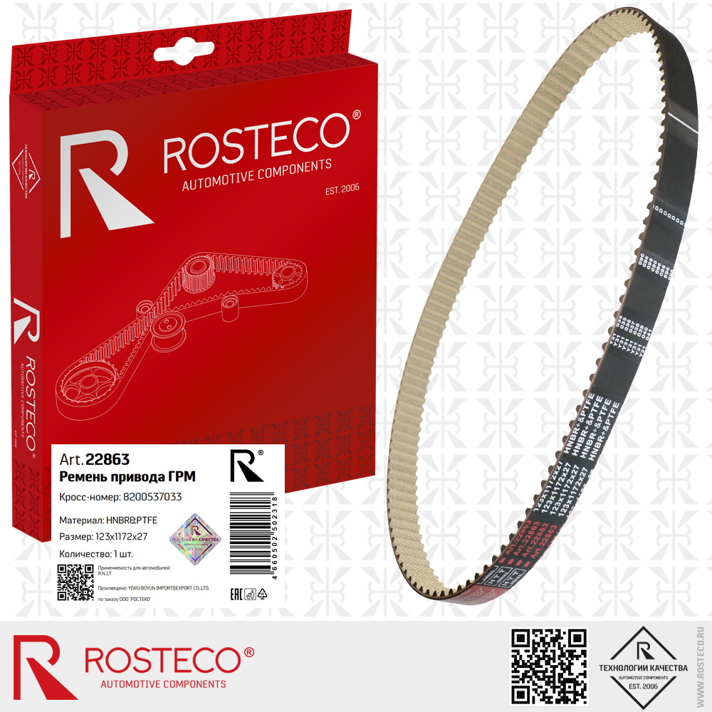 Ремень привода ГРМ для а/м RENAULT (HNBR+PTFE, 123x1172x27 HTT серия), ROSTECO